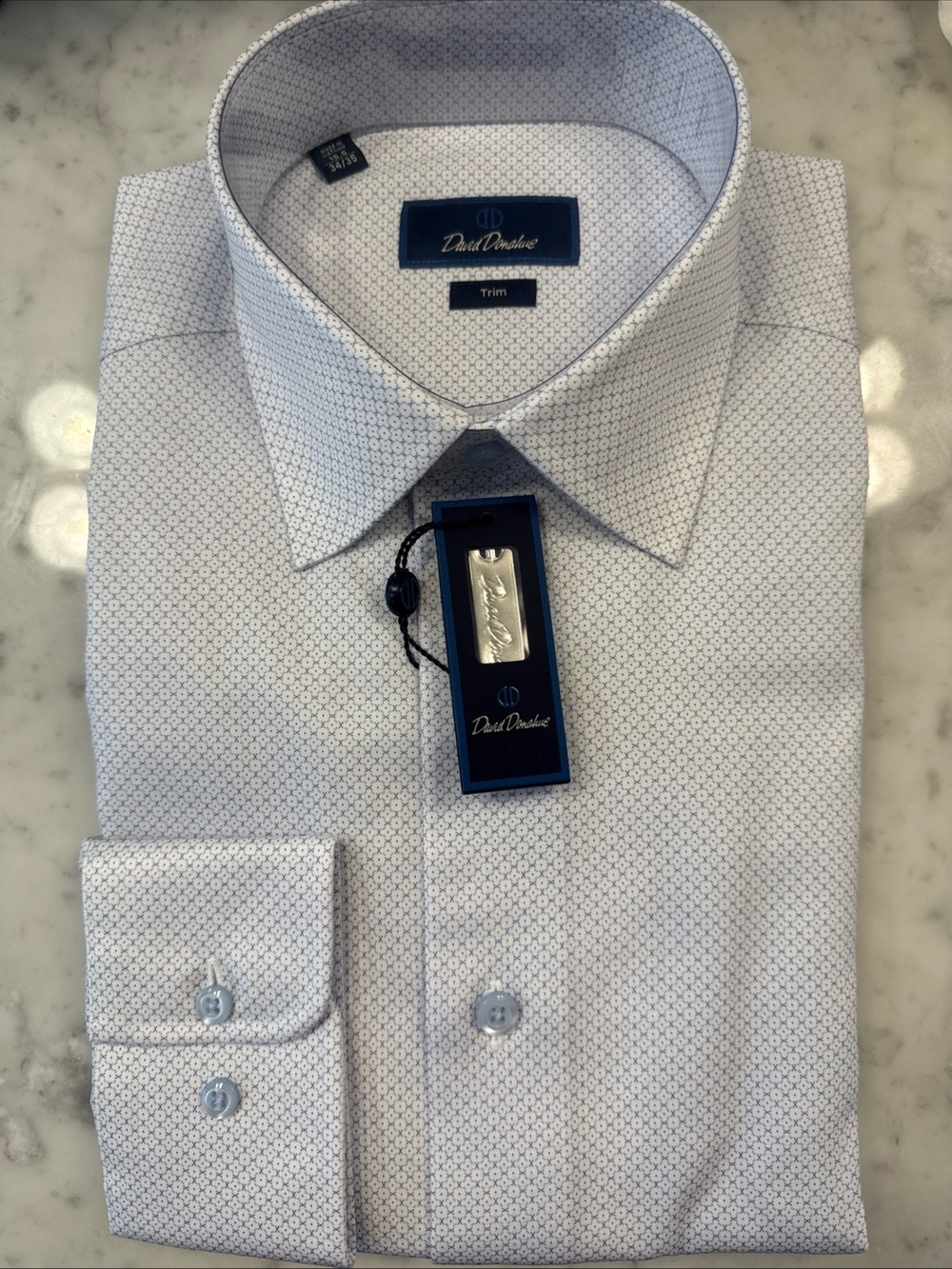 David Donahue White Dress Shirt with Navy Micro-Pattern 15.5 34/35